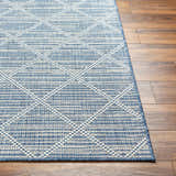 Close-up of the Ivora Blue Area Rug showing its contemporary geometric pattern and texture on hardwood flooring. Front