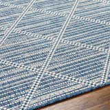 Close up of the Ivora Blue Area Rug showing its textured, woven, geometric pattern in denim and white. Texture