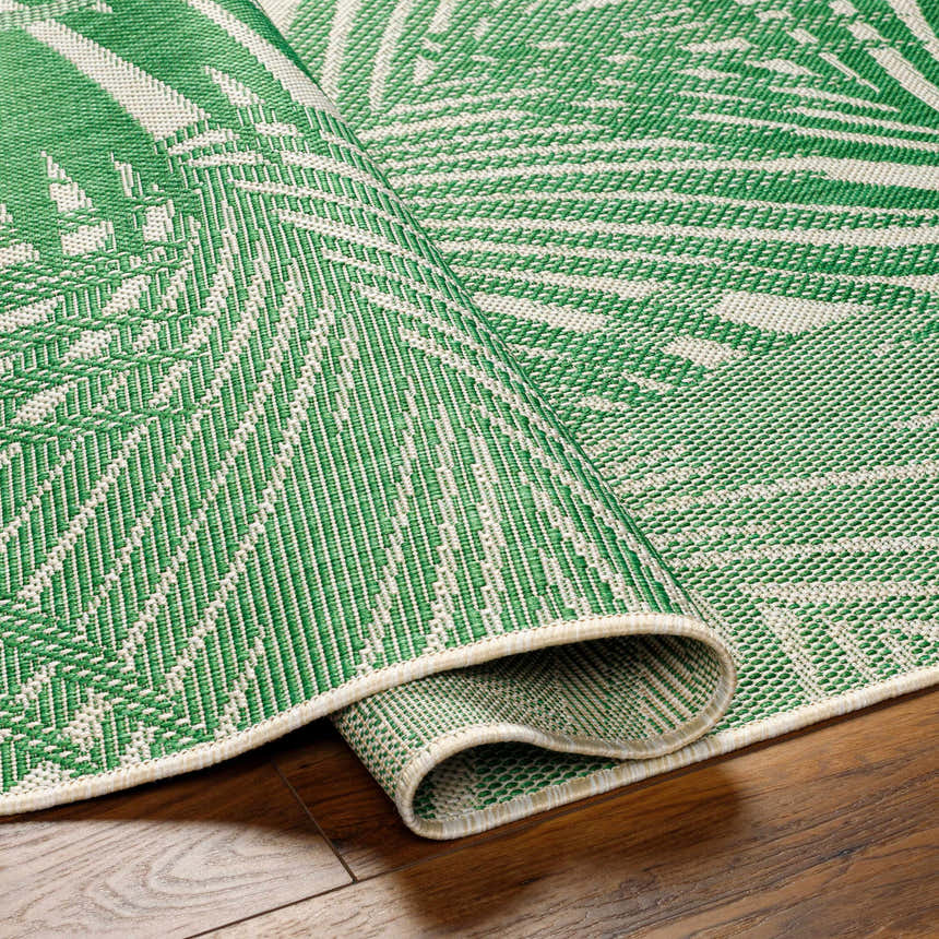Close-up of the Jaala Area Rug, showcasing its woven texture and green and beige palm leaf design. Fold