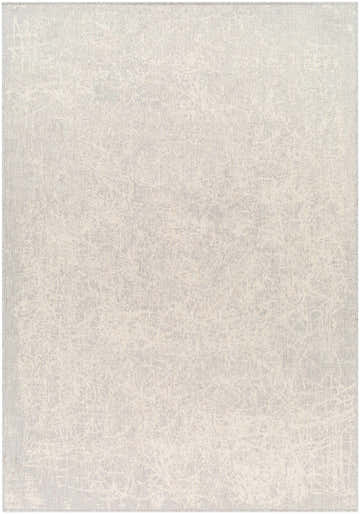 Close-up of the Katz Cream Area Rug, featuring a subtle abstract pattern in beige, bone, and gray tones. Machine woven texture. Design-Rectangle-537