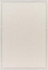 Close-up of the Suzu Area Rug, a machine-woven rug with a small beige and gray diamond pattern and a gray border. Design-Rectangle-537