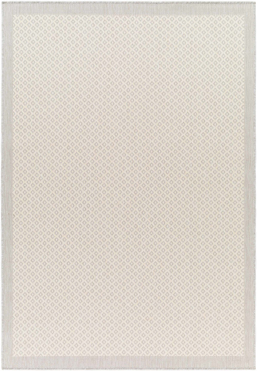 Close-up of the Suzu Area Rug, a machine-woven rug with a small beige and gray diamond pattern and a gray border. Design-Rectangle-537