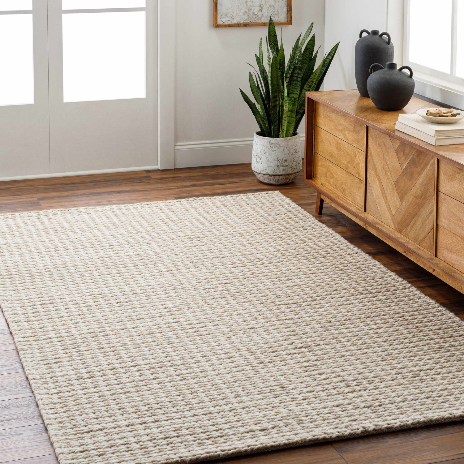 Entryway with Lenci Hand Woven Wool Area Rug in beige. Modern wood cabinet and plant complete the neutral decor. Roomscene-Rectangle