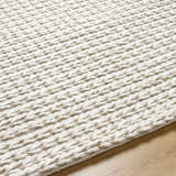 Close up of the Lenci Hand Woven Wool Area Rug showing beige and rose cream braided texture on wood floor. Texture