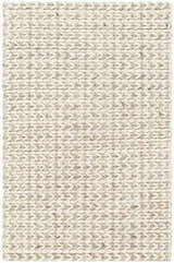 Close-up of the Lenci Antique Beige Area Rug. Hand-woven wool and cotton rug with a chunky, textured weave in beige and bone. Design-Rectangle-23