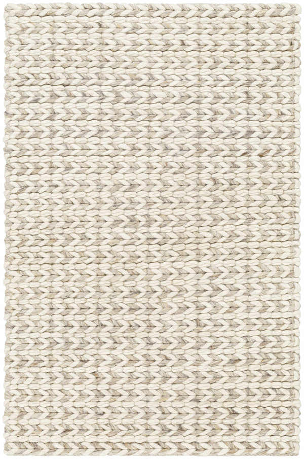 Close-up of the Lenci Antique Beige Area Rug. Hand-woven wool and cotton rug with a chunky, textured weave in beige and bone. Design-Rectangle-23
