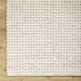 Close up of the Lenci Antique Beige Area Rug showing its hand woven texture and beige and bone color. Swatch