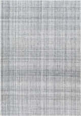 Close-up of the Jezel Gray Area Rug, a hand-woven rug with a subtle gray plaid pattern and soft, textured yarn. Design-Rectangle-576