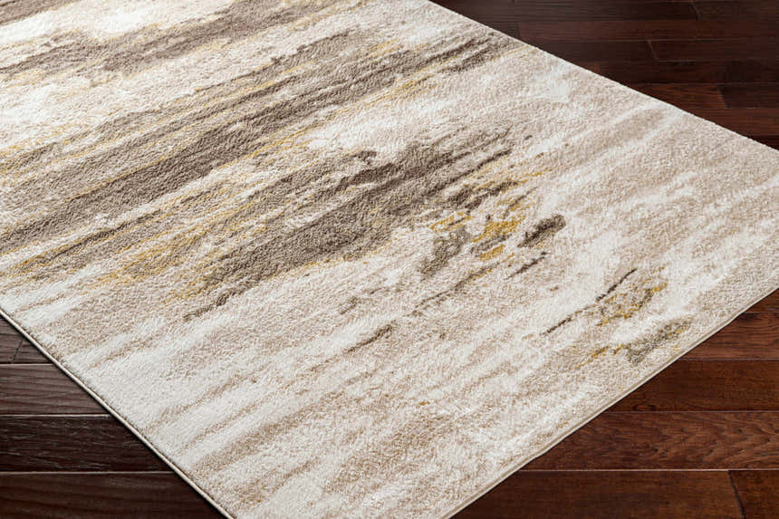 Close-up of the Derex Area Rug, showcasing its contemporary design with cloud gray, brown, and lambswool tones on dark wood floors. Corner