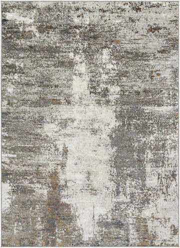 Close-up of Duval Taupe Abstract Area Rug. Contemporary design with brown, gray, taupe, and orange hues. Machine woven texture. Design-Rectangle-537