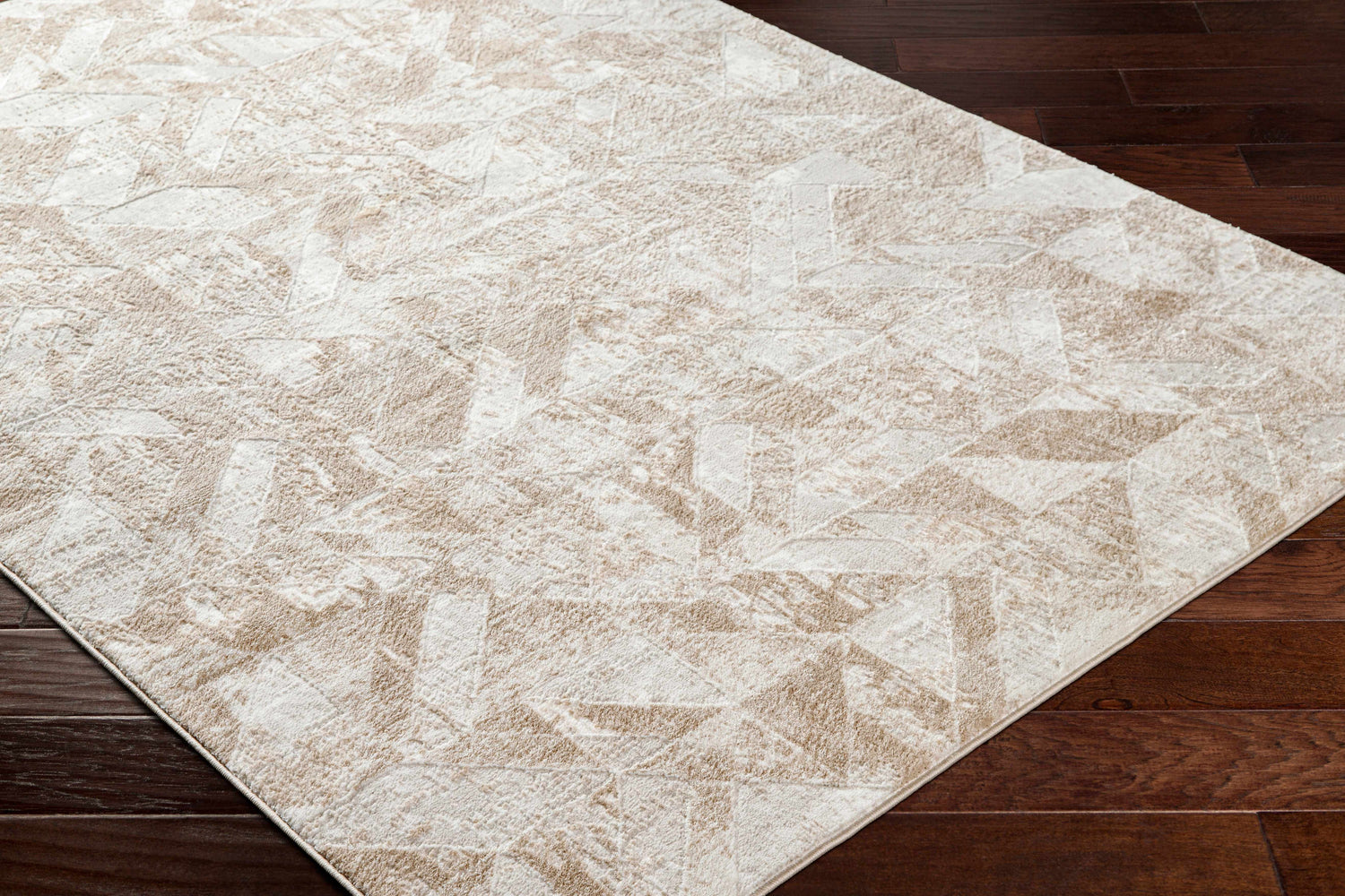 Close-up of the Gonca Gray Geometric Area Rug showing its driftwood and light gray pattern and textured weave. Corner