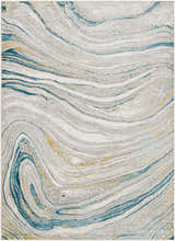 Close up of the Gregg Silver Gray Marble Area Rug featuring a swirling gray, blue, and gold pattern. Design-Rectangle-537