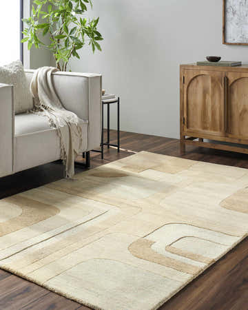 Living room scene with a Sansa Area Rug in ash, camel, and silver, styled with a sofa and wooden cabinet. Roomscene-Rectangle