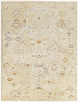 Close-up of the hand-knotted Danyl Area Rug in dark brown, dusty sage, light slate, olive, taupe, and white. Vintage farmhouse style. Design-Rectangle-810
