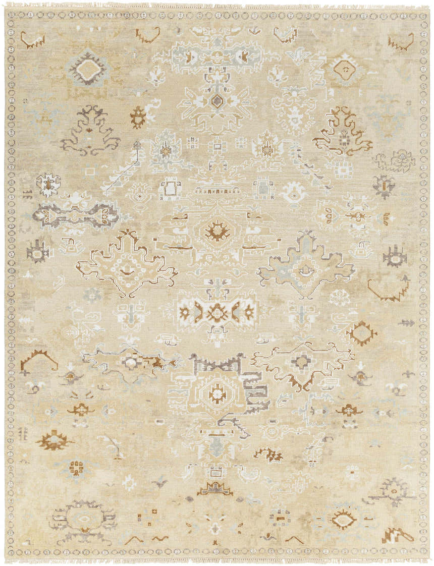 Close-up of the hand-knotted Danyl Area Rug in dark brown, dusty sage, light slate, olive, taupe, and white. Vintage farmhouse style. Design-Rectangle-810