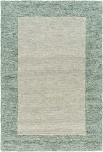 Close-up of the Amadi Green Wool Area Rug, featuring a solid light gray center and a textured green border. Design-Rectangle-576
