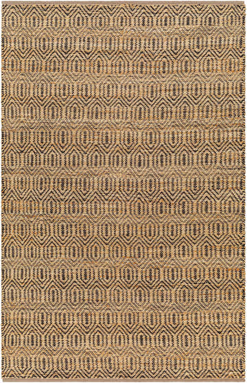 Close-up of the hand-woven Hetty Area Rug. Camel jute rug with a chocolate brown geometric pattern. Farmhouse style. Design-Rectangle-576
