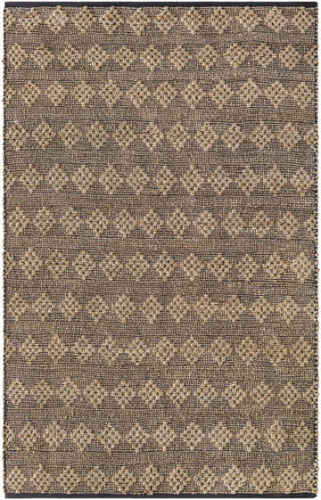 Close-up of the hand woven Irina Area Rug. Features a diamond pattern in nutmeg jute on a medium brown cotton blend. Design-Rectangle-576