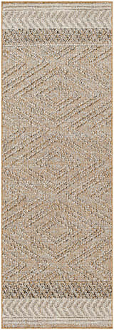 Close-up of the Beige Areli Area Rug, showing a textured weave with black, mustard, and taupe geometric patterns. Design-Runner-2773