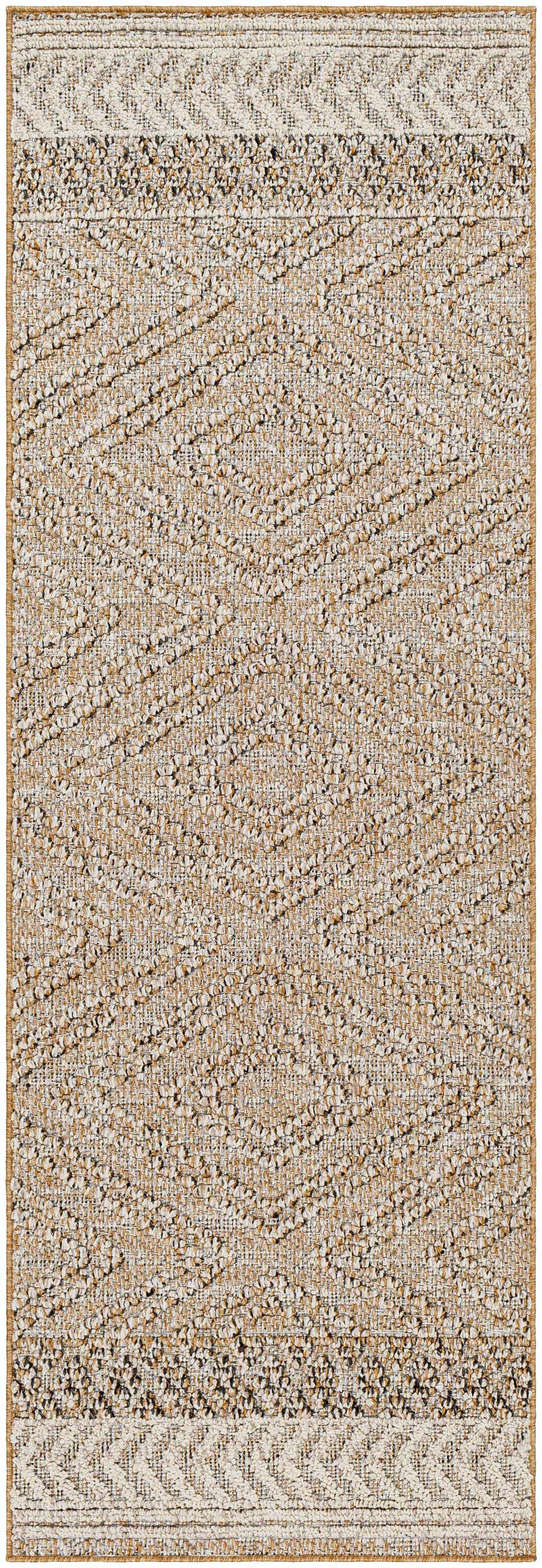 Close-up of the Beige Areli Area Rug, showing a textured weave with black, mustard, and taupe geometric patterns. Design-Runner-2773