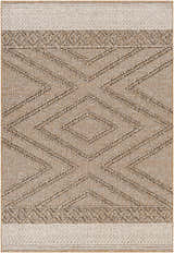 Close-up of Beige Areli Area Rug featuring a contemporary diamond pattern in taupe, mustard, and black hues. Design-Rectangle-537