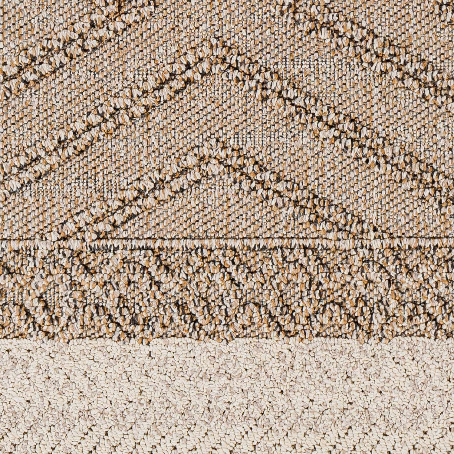 Close-up of Beige Areli Area Rug. Shows texture and geometric pattern in beige, mustard, and black. Swatch
