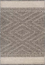 Close-up of the Areli Beige / Brown Outdoor Rug. Features a geometric diamond pattern and textured weave. Neutral colors. Design-Rectangle-537