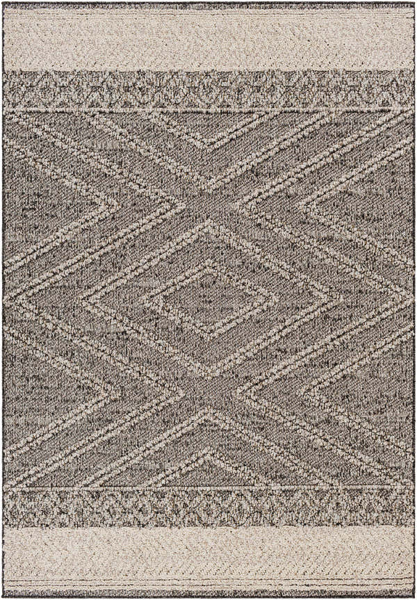 Close-up of the Areli Beige / Brown Outdoor Rug. Features a geometric diamond pattern and textured weave. Neutral colors. Design-Rectangle-537