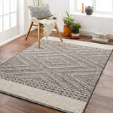 Living room scene with a beige and brown geometric Areli Outdoor Rug, chair, and wood floors. Roomscene-Rectangle