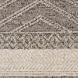 Close-up of the Areli Beige / Brown Outdoor Rug. Contemporary design with geometric patterns and textured weave. Swatch