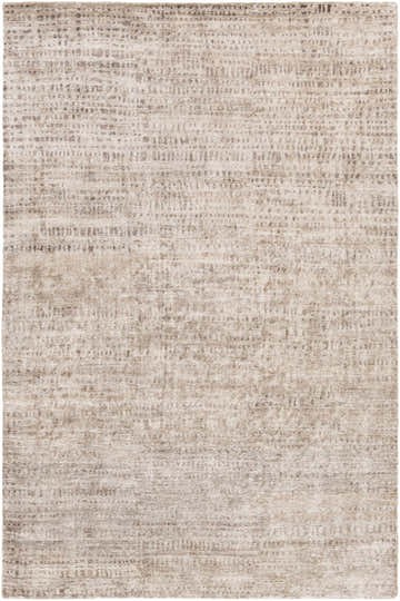 Close-up of the hand-knotted Stanley Area Carpet. Neutral tones, distressed pattern, and soft viscose texture. Farmhouse style. Design-Rectangle-69