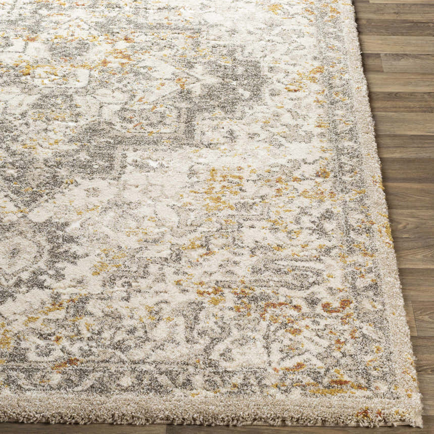 Close-up of the Stockwell Thick Luxe Rug. Features a distressed, vintage-inspired pattern in ivory, gold, and gray. Front