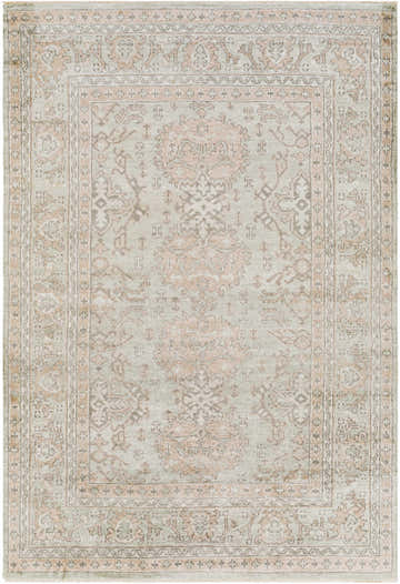 Close-up of the Stock Area Rug - Clearance. Hand-knotted viscose rug in charcoal, dusty sage, light beige, and taupe. Oriental design. Design-Rectangle-69