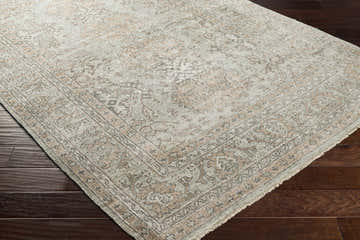 Close-up of a hand-knotted Stock Area Rug. Charcoal, dusty sage, light beige, and taupe colors with a traditional oriental pattern. Corner