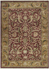 Detailed floral pattern of the Steuben Premium Wool Area Carpet in burgundy and gold. Hand-knotted texture. Design-Rectangle-7999