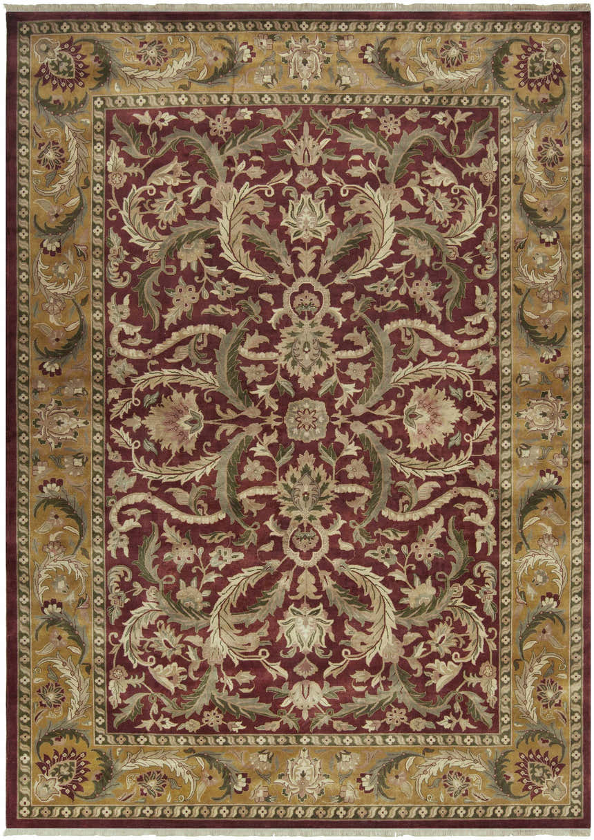 Detailed floral pattern of the Steuben Premium Wool Area Carpet in burgundy and gold. Hand-knotted texture. Design-Rectangle-7999