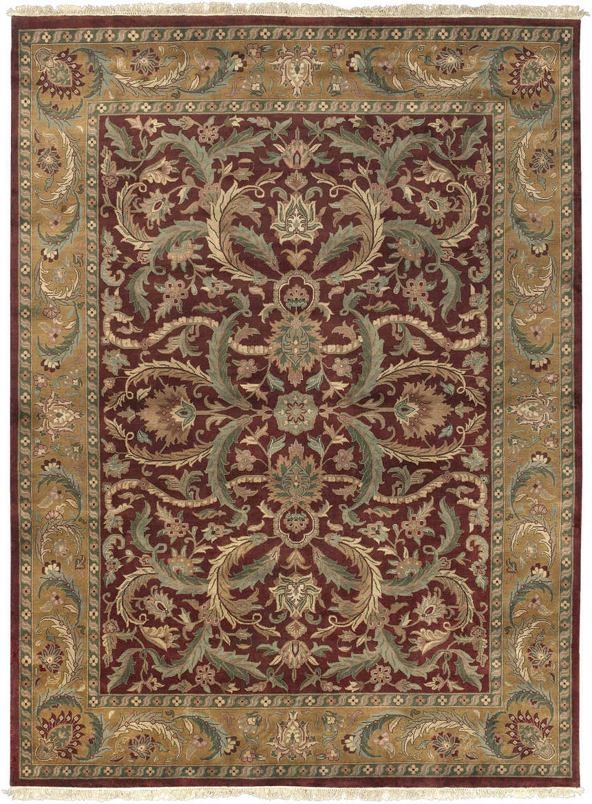 Detailed floral pattern on a Steuben Premium Wool Area Carpet in burgundy, gold, and green. Traditional style. Design-Rectangle-58