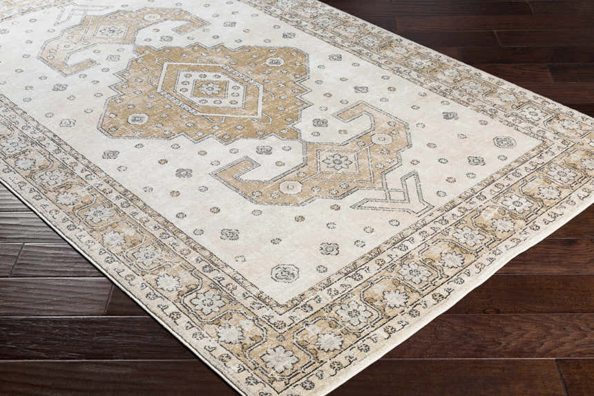 Close-up of the Southwark Area Rug showcasing its beige, off-white, and charcoal traditional pattern on dark wood floors. Corner