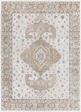 Close-up of the Southwark Area Rug showcasing its beige, charcoal, and off-white vintage pattern. Design-Rectangle-710102