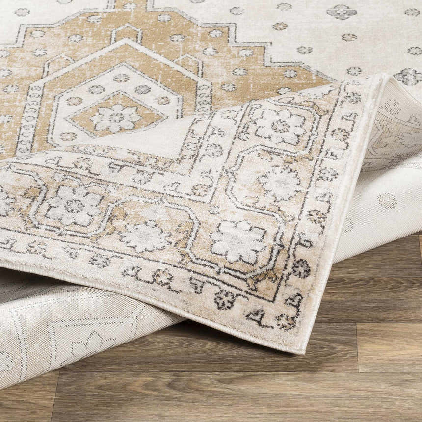 Close-up of the beige, black, and off-white Southwark Area Rug. Features a traditional, vintage-inspired geometric pattern. Fold