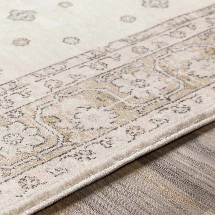 Close-up of the Southwark Area Rug showing its beige, mustard, and charcoal traditional pattern and machine woven texture. Texture