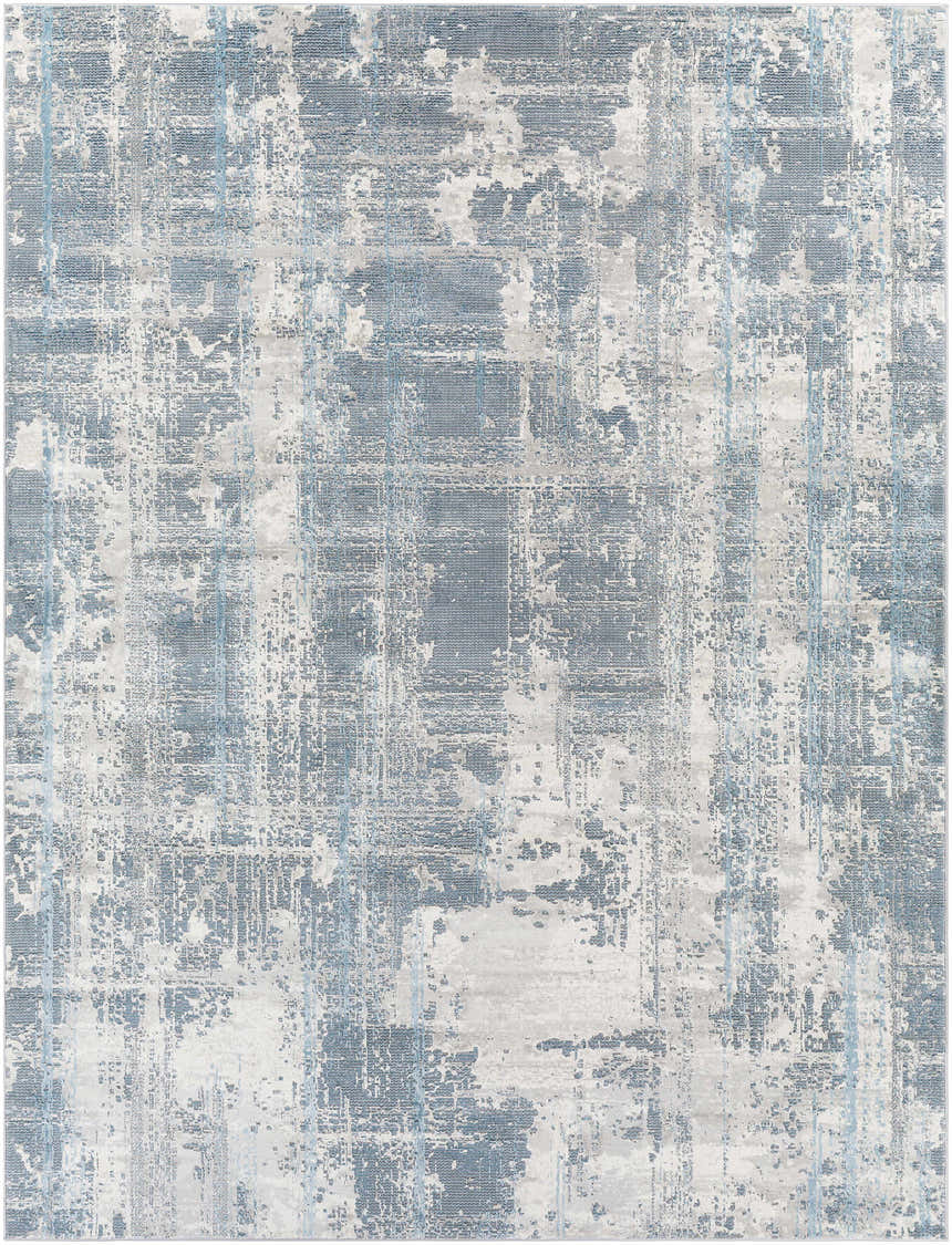 Close-up of the Stokenchurch Area Carpet, featuring a contemporary blue and gray abstract pattern. Design-Rectangle-710102