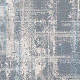 Close-up of the Stokenchurch Area Carpet. Contemporary design in shades of blue, gray, and white with a distressed pattern. Swatch
