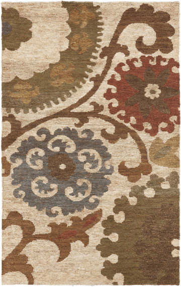 Close-up of the Stillmore Jute Area Rug. Bohemian style rug with brick red, olive, rust, and teal floral pattern on jute texture. Design-Rectangle-58