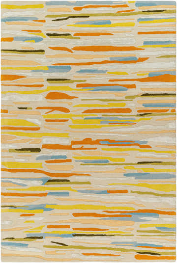Close-up of the Aram Area Rug featuring a contemporary stripe pattern in bronze, orange, gray, and blue hues. Design-Rectangle-576