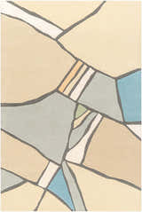 Close-up of the Ashok Area Rug. Hand-tufted wool rug with a contemporary geometric pattern in beige, gray, and blue tones. Design-Rectangle-576
