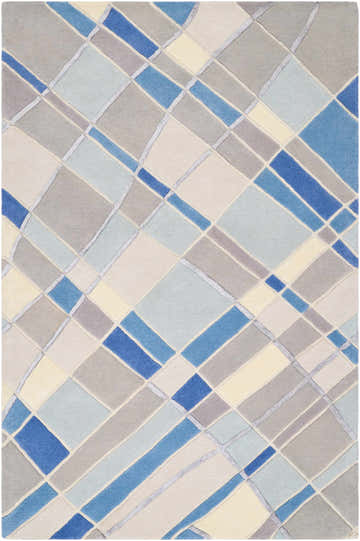 Hand tufted Carla Area Rug with a contemporary geometric pattern in blues, grays, and natural tones. Design-Rectangle-576