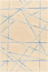 Close-up of Hiba Area Rug. Beige wool rug with blue and bone geometric lines, hand-tufted texture. Design-Rectangle-576