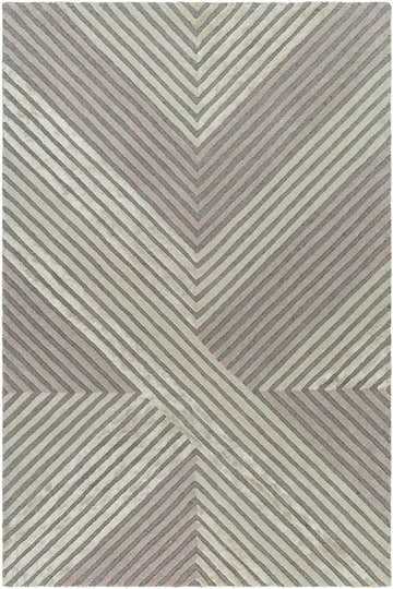 Close-up of the Juan Area Rug, a hand-tufted wool rug with a contemporary beige, gray, and rose cream striped design. Design-Rectangle-576