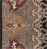 Close up of the hand-knotted Stoutsville Carpet featuring amber, brick red, and gray traditional patterns. Swatch